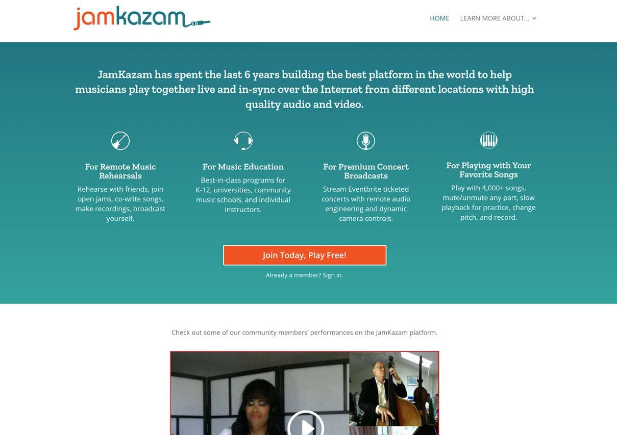 Jamkazam homepage on web