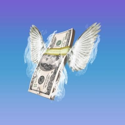 A stack of hundred dollar bills, angel wings, and a blue/purple background