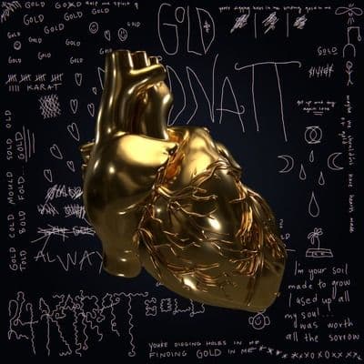 A bronze heart with with graphics written on black background