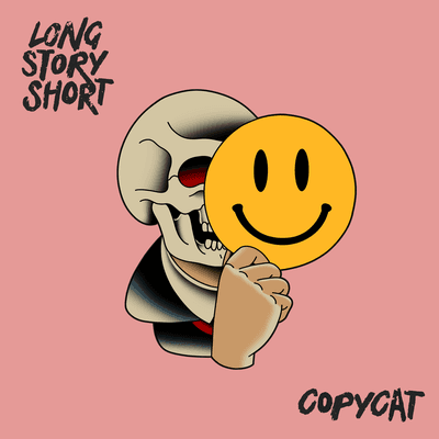 A skull holding a yellow smiley face in front of its face with pink background