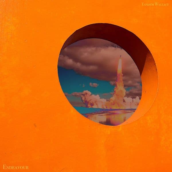 An orange wall with a hole in it and a rocket ship launching into the sky in the hole