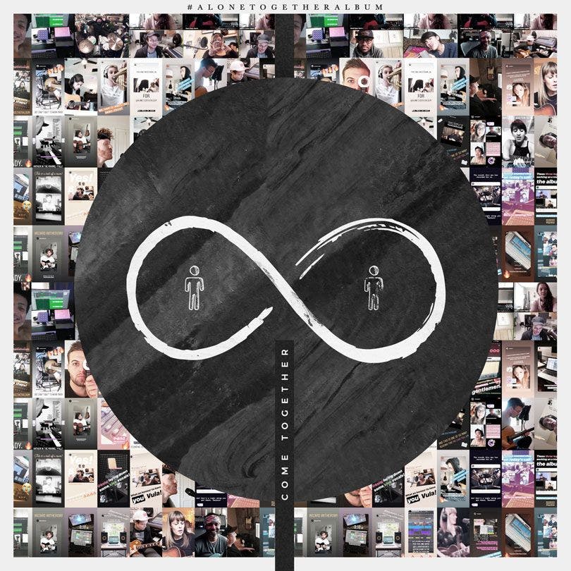Alone Together album cover that has a black circle in the center, an infinity ring in the middle of it, and two figures on either side