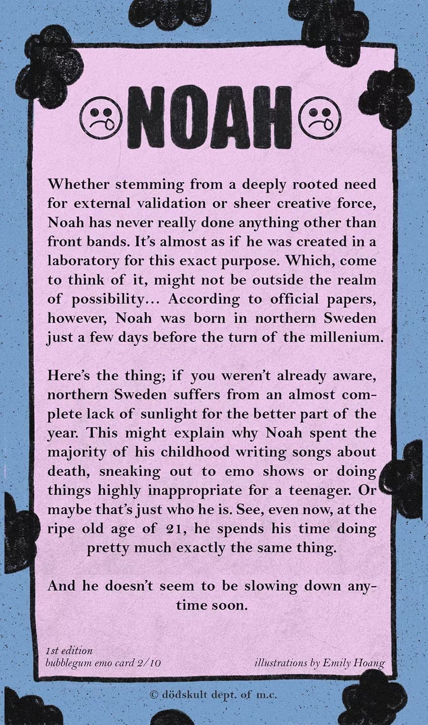 Text about band member Noah with a pink, blue, and black background